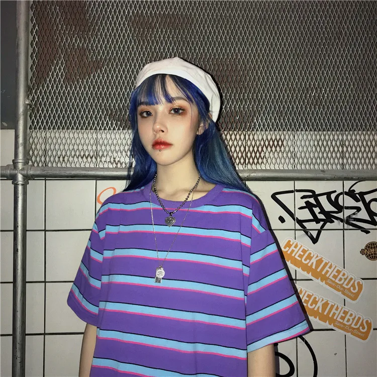 Корейская версия ulzzang 2019 летняя футболка женская фиолетовая полосатая с