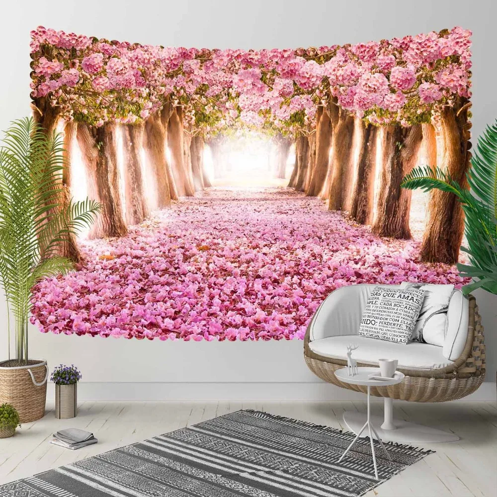 

Else Spring Pink Trees Flowers Leaves Love Way Road 3D Print Decorative Hippi Bohemian Wall Hanging Landscape Tapestry Wall Art