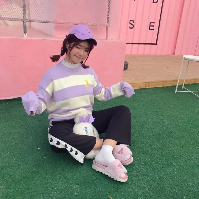 Женский свитер кавайная морская Луна вышивка Harajuku полосатый круглый вырез карамельных цветов длинный рукав вязаный свитер Ulzzang