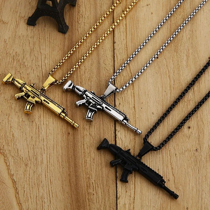 Valily Men Jewelry AK47 Gun Male Necklace Pendant With Gold Color Stainless Steel Chain Military Joias Hippie | Украшения и
