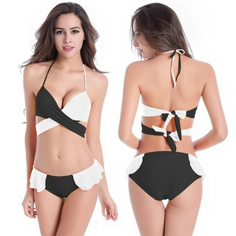 Женский бразильский купальник бикини черный белый пуш ап комплект из двух