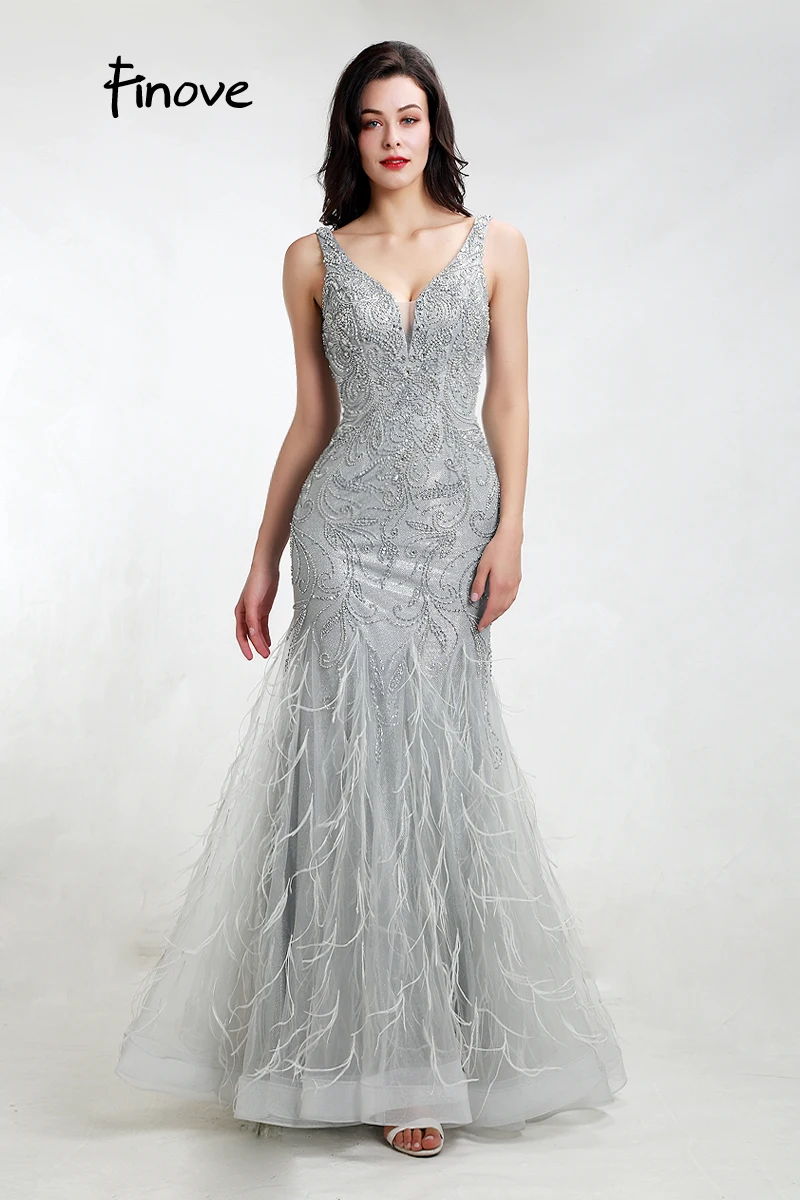 Finove Mermaid Evening Dresses Sexy V Neck With Beading Feathers Sparkle Materials Formal Long Dress Gowns Robe de soiree