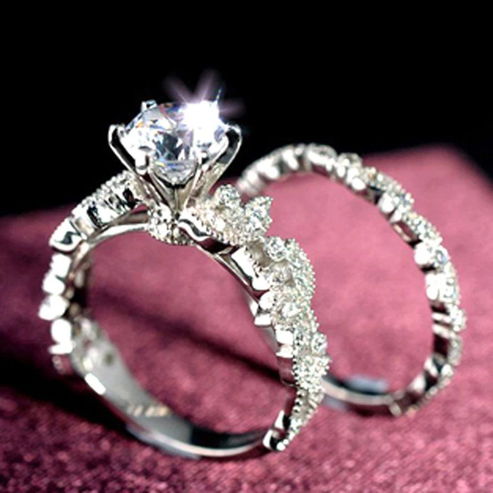 2 in 1 Leaf Design Shiny Zircon Finger Ring Set Luxury Women's Wedding Jewelry | Украшения и аксессуары