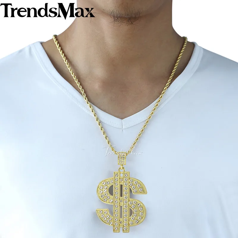 Trendsmax, США, доллар США, деньги, подвеска, ожерелье для женщин и мужчин, цепочка в стиле хип-хоп, золотой цвет, со льдом, проложенные Стразы KGPM08