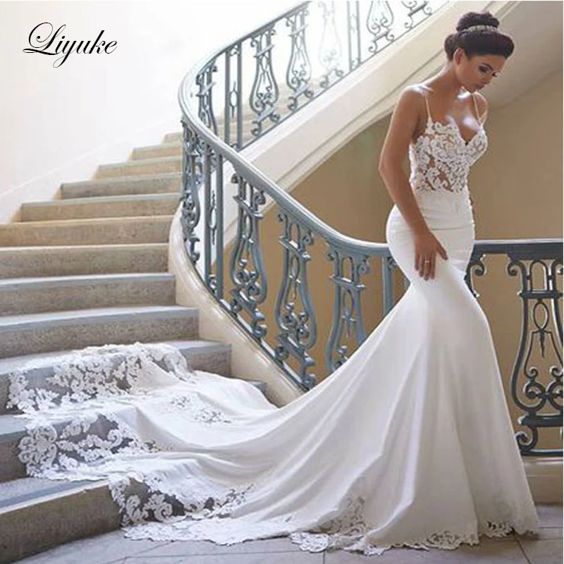 

Чудесный мягкий сатин платье Русалка на бретельках свадебное платье элегантное платье с низким вырезом на спине уникальный Стиль Vestido De Noiva