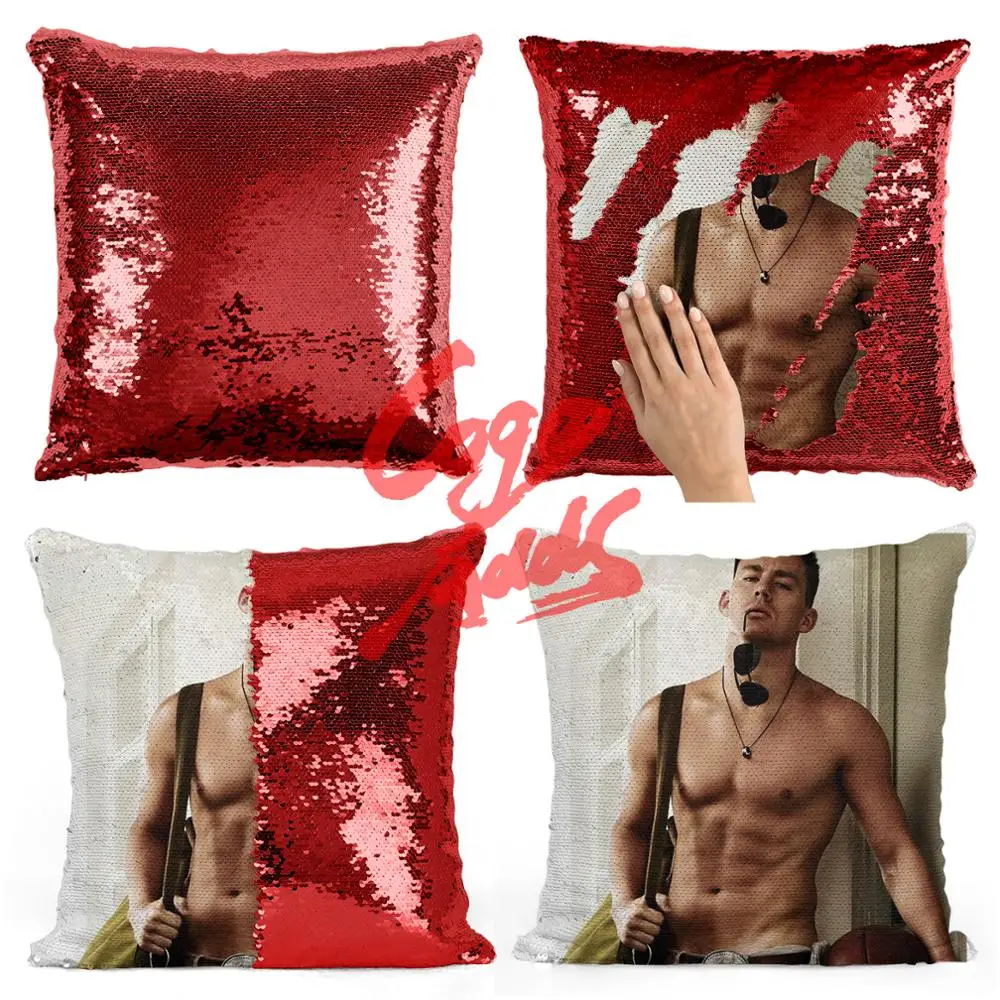 

Channing Tatum topless mermaid wedding decoration birthday party photo sequin cushion cover custom image reversible pillow