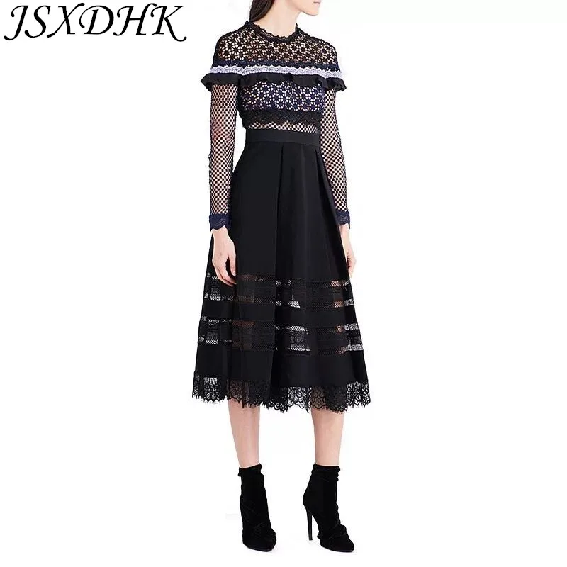 

JSXDHK Runway Autumn Women Party Dress 2021 Self Portrait Lace Patchwork Ruffles Slim Female Hollow Out Ball Gown Party Dress