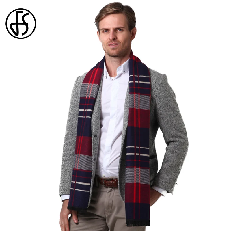 Мужской винтажный шарф в клетку FS мягкий кашемировый теплый полоску черный синий