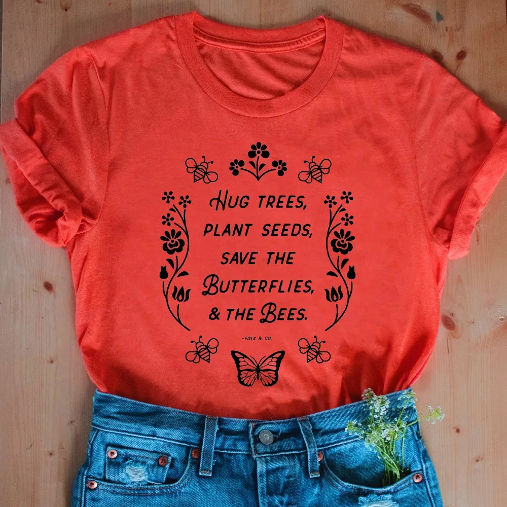Hug деревья растения семена сохранить бабочки пчелы футболка для женщин Забавные