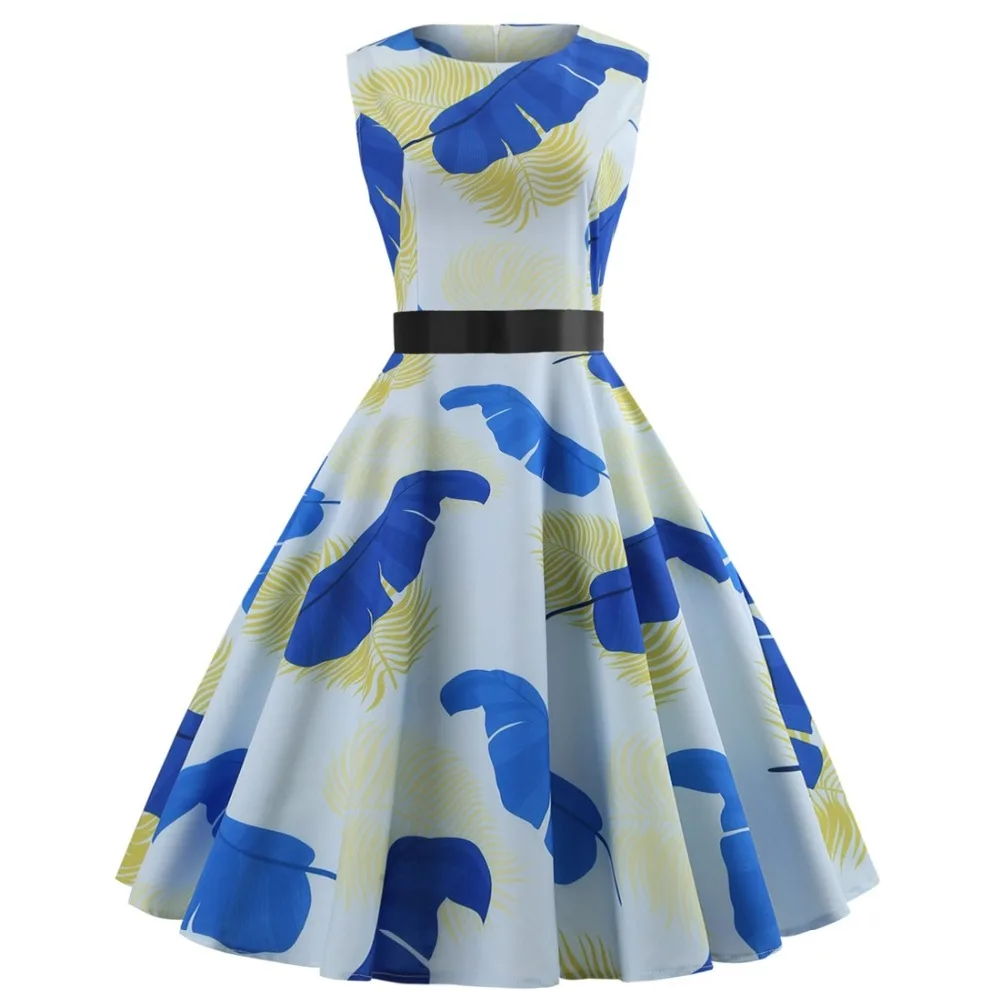 New retro dress temperament round neck sleeveless print black ribbon waist large swing dresses for womans |