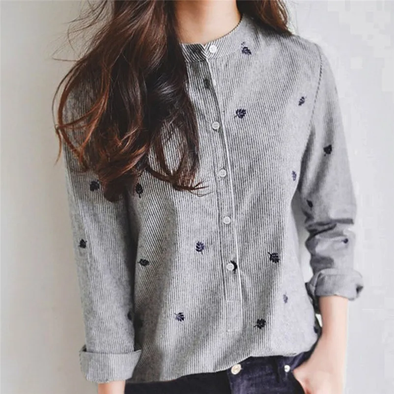 Рубашка женская льняная с длинным рукавом и стоячим воротником вышивкой Y30 # N