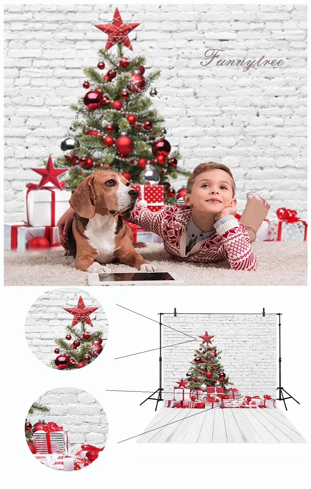 Funnytree фон для фотостудии кирпичная стена Рождественские шары дерево подарок деревянный пол Детская фотография фон фотосессия