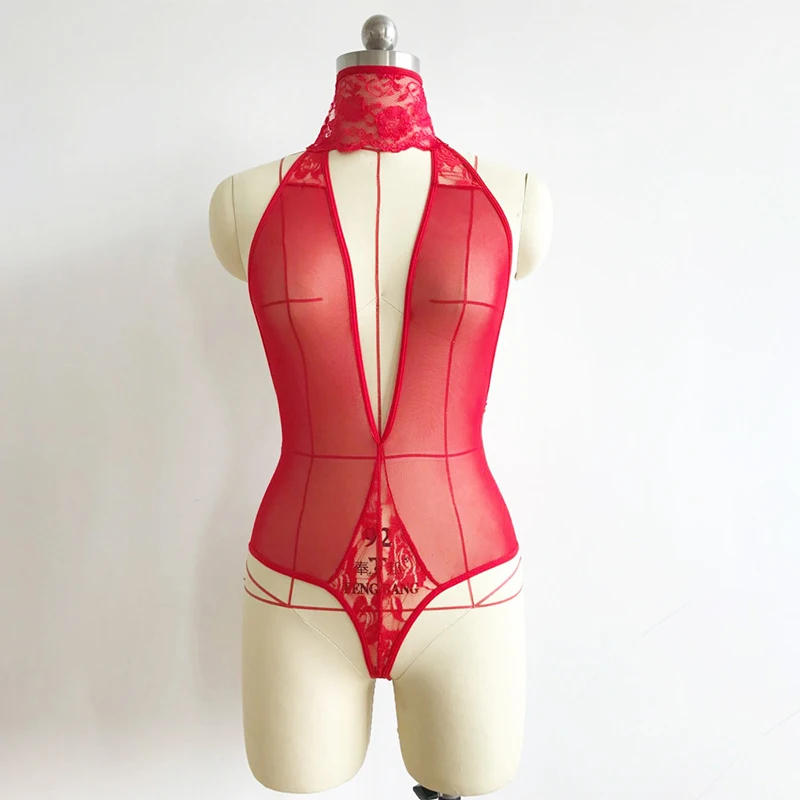 Красный глубокий V кружева женское белье боди сексуальный эротический костюм