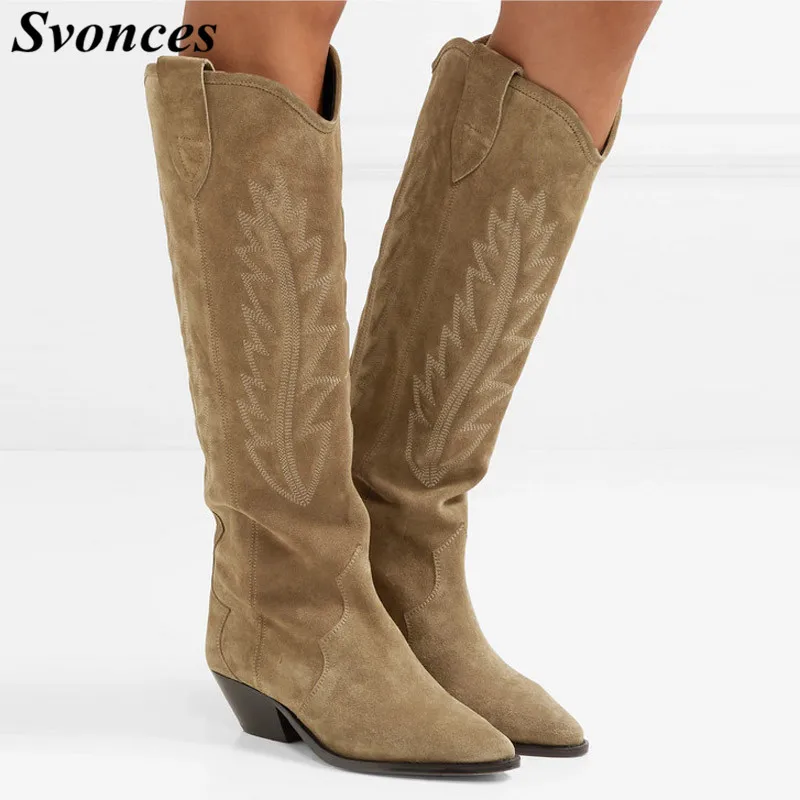 Botines Mujer; коллекция года; женская зимняя обувь; замшевые сапоги до колена; высокие сапоги для верховой езды на квадратном каблуке; мотоботы в западном стиле на низком каблуке