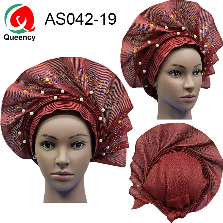 AS042-19 AS042 модный Африканский женский головной убор Aso Oke Auto Gele для Aso Ebi Африканский головной убор с бисером - Цвет: AS042-19