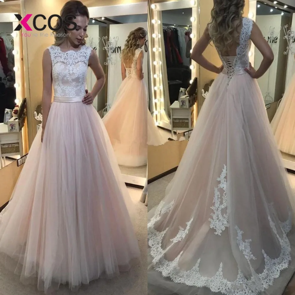 XCOS светло розовое ТРАПЕЦИЕВИДНОЕ кружевное пляжное свадебное платье 2019 круглый