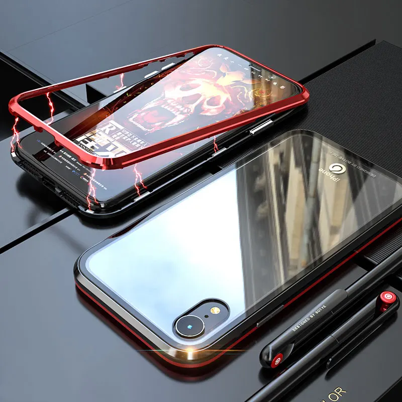 Магнитный металлический адсорбционный чехол для iPhone11pro max XR, роскошный Ультратонкий чехол из закаленного стекла для iPhone XS max, противоударный - Цвет: Black Red