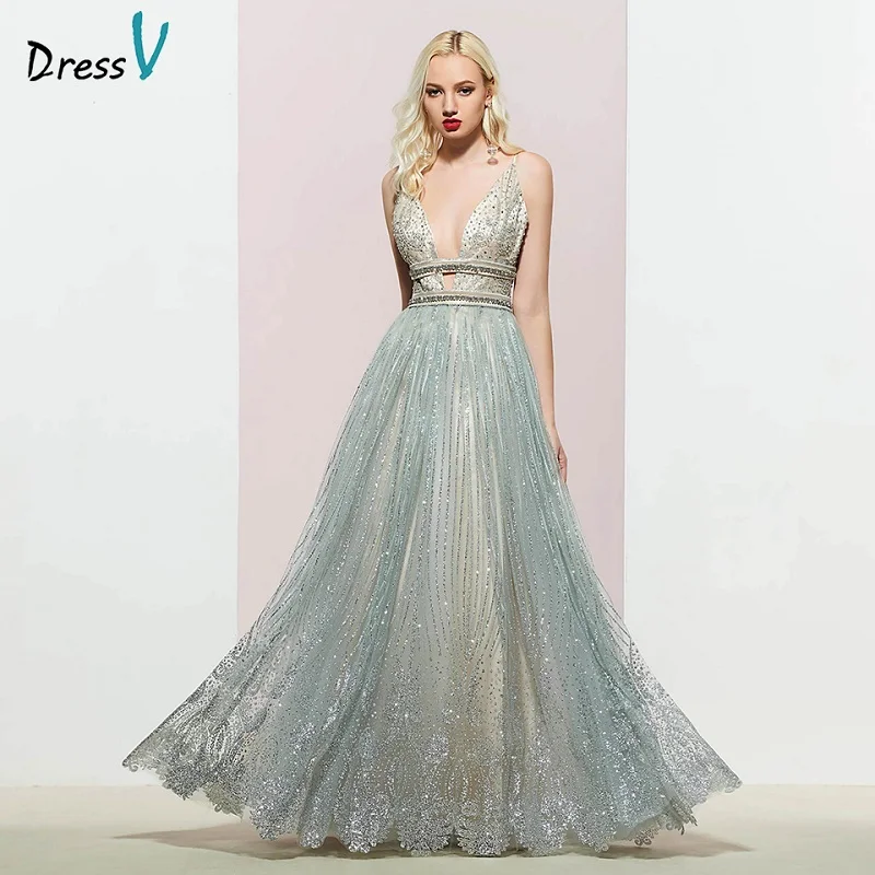 Silver Dressv Серебряное Вечернее платье с v-образным вырезом А-силуэт элегантное без рукавов длиной до пола Бисероплетение свадебное вечернее платье es - Цвет: Silver