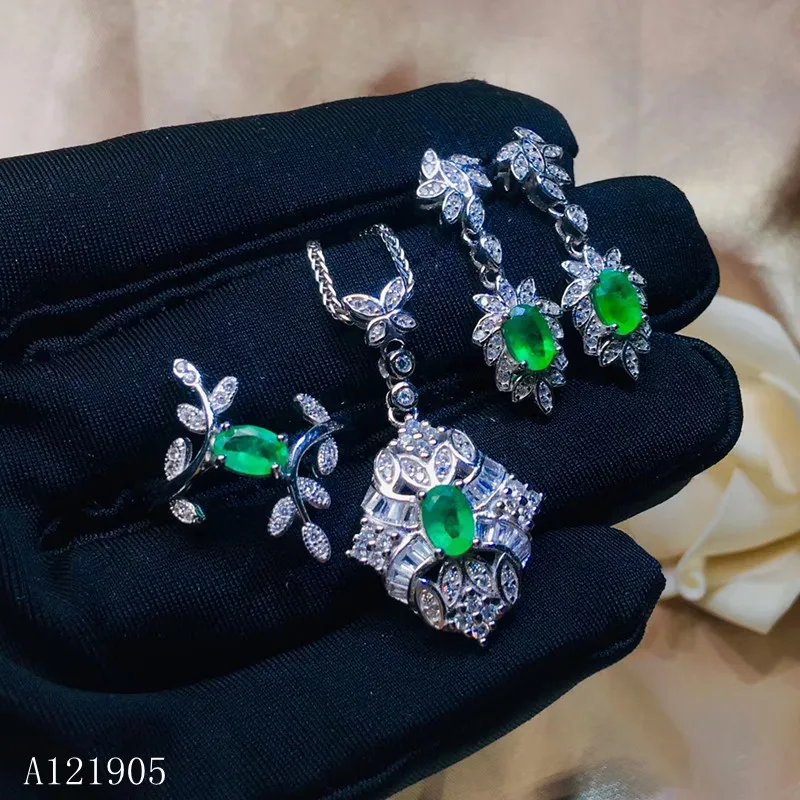 

KJJEAXCMY Boutique Jewelry 925 Sterling Silver Inlaid Natural Emerald Gemstone Female Necklace Pendant Earrings Ring Set Support