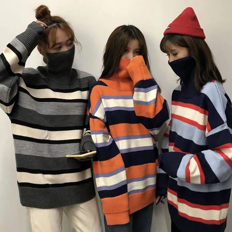 Autumn Winter 2019 Thick Warm Striped Sweater Casual Long sleeve Turtleneck Pullovers Knitted Women Harajuku | Женская одежда