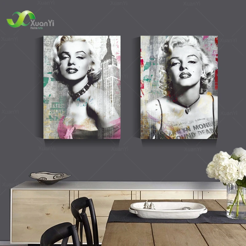 

2 Piece Canvas Print Poster Sexy Marilyn Monroe Black And White Oil Painting Wall Art Pictures For Living Room Home Decoration