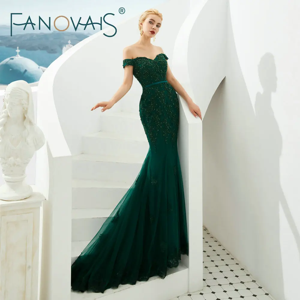 Anova элегантный с плеча кружева зеленый Русалка вечерние платья 2019 Vestido de Fiesta