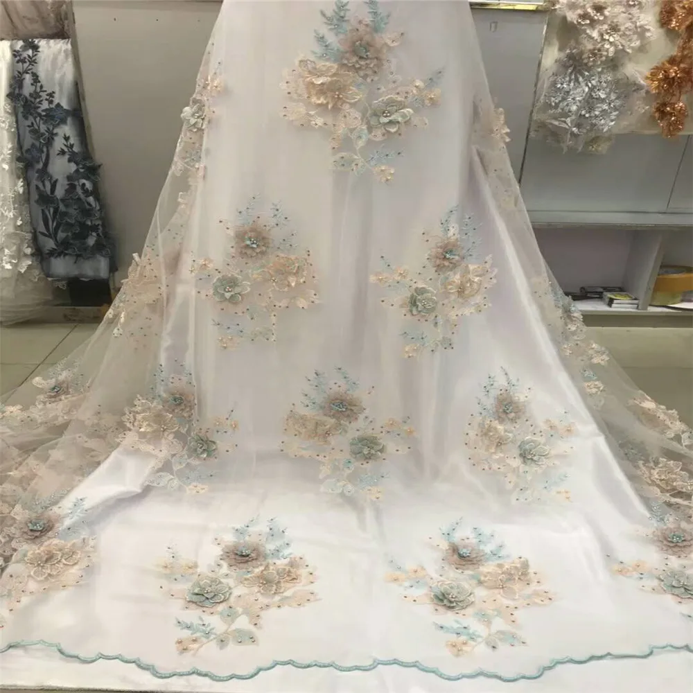 Розовый для нигерийской кружевной свадьбы 3d цветок ткань Африканская