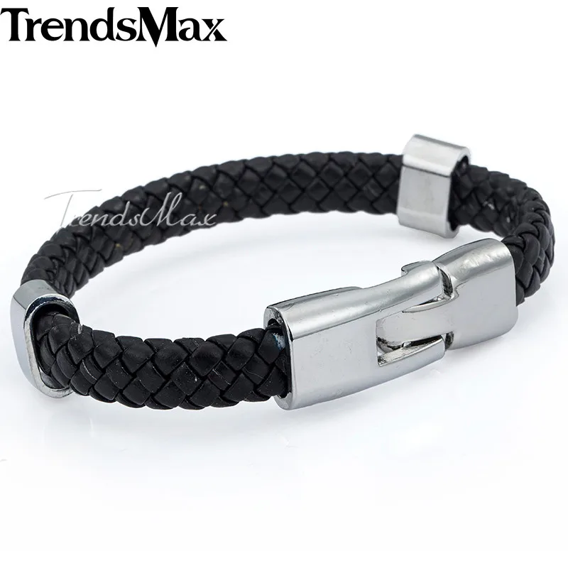 9mm Black Trendsmax мужской s плетеный кожаный браслет ювелирные изделия из нержавеющей стали якорная Пряжка кожаные браслеты для мужчин и женщин 9 10 мм KLBM24 - Окраска металла: 9mm Black
