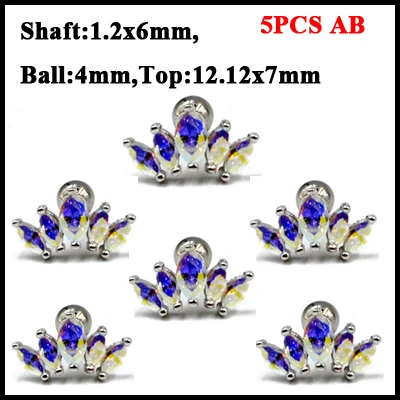 5PCS AB 5 шт. сталь маркиза Циркон Спиральные серьги Tragus верхняя серьга для верхней части уха Горячий кристалл цветок ушной хрящ Orelha Спиральные серьги 16 г - Окраска металла: 5PCS AB