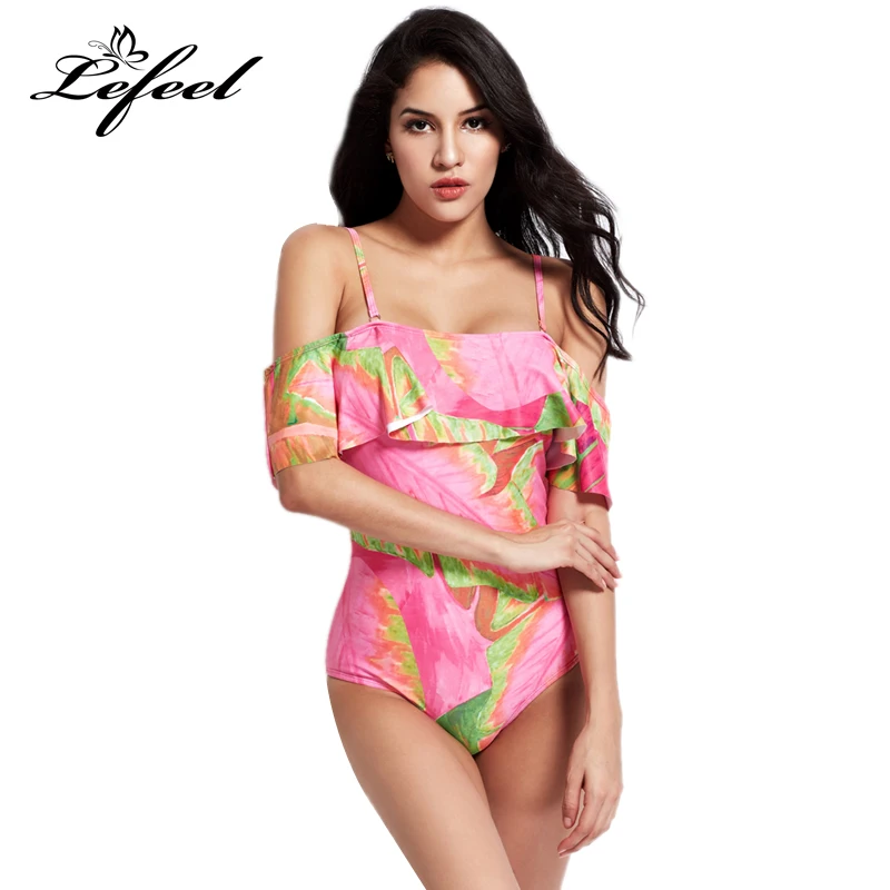 Lefeel One-Piece Suits Print Bathing Suit 2018 Women Sexy Leaf Shoulder Bandage Monokini Swimwear Biquini XXL | Спорт и развлечения
