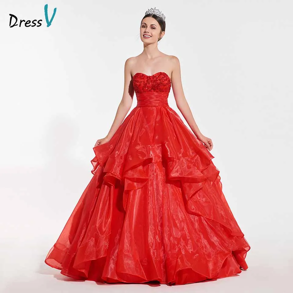 

Dressv Red Ball Gown Puffy Quinceanera Dresses Lace Up Princess Sweetheart Beading Sweet 16 Dress Vestidos De Debutante 15 Anos