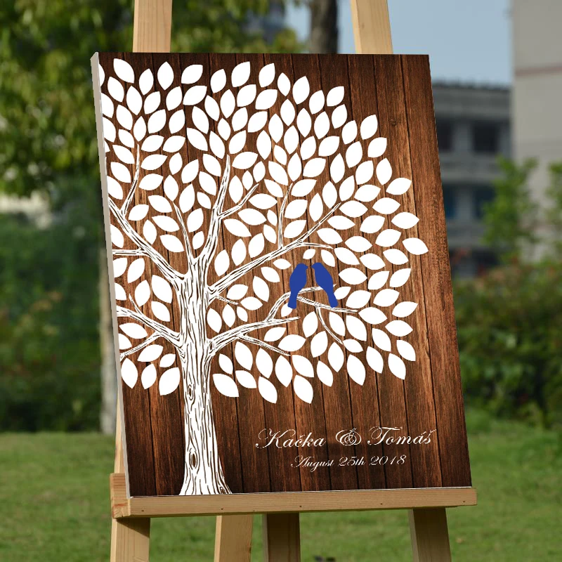 

Rustic Personalized Canvas Printed Wedding Guest Book, Tree with Bird Alternative Guest Book,Custom Name Date Guestbook Sign