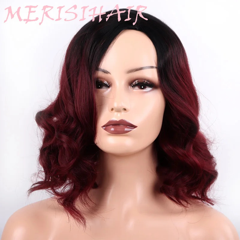 

MERISI HAIR Synthetic 12-inch Short Water Wave Hairstyle Wig Red Ombre Pink Black Wig Female Daily High Temperature Fiber
