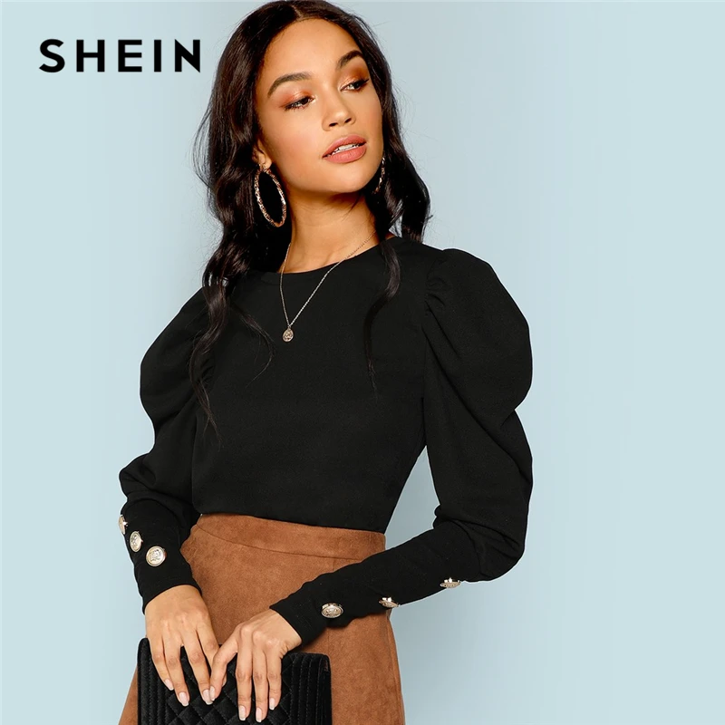 SHEIN Стильная Однотонная Блуза С Пуговицами, Офисная Блузка С Оригинальным Рукавом