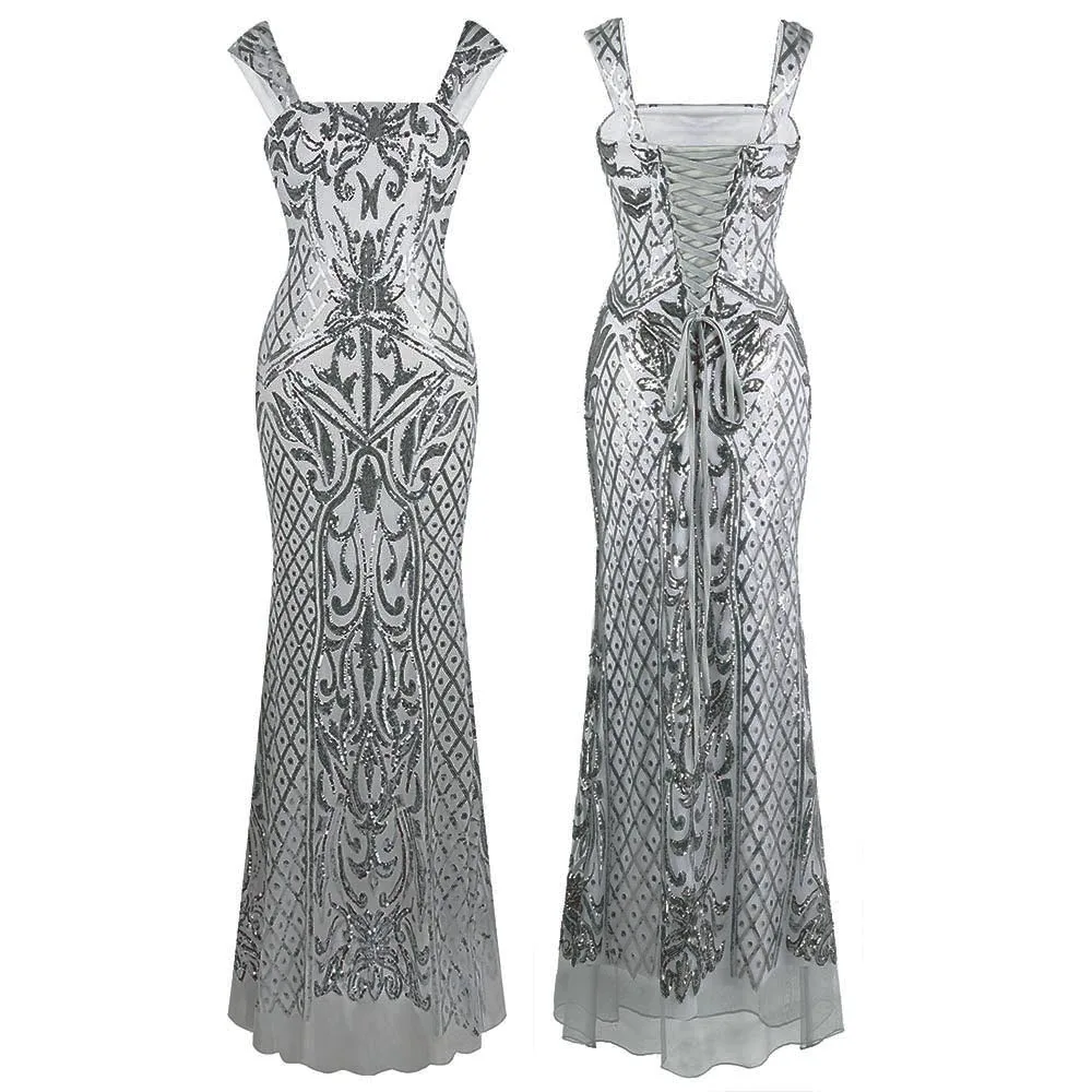 Angel-Fashion женское винтажное длинное вечернее платье без рукавов с блестками и цветочным узором на шнуровке серого цвета 424 - Цвет: Gray