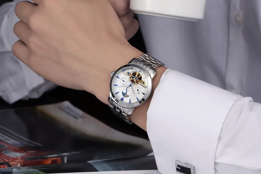 Скелет Бизнес Мужские автоматические часы Топ люксовый бренд спорт Tourbillon механические розовое золото повседневные само ветер BINKADA часы