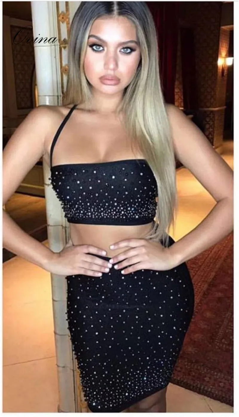 

Black Halter Short Top Pearls Mini Skirt 2 Pieces Bandage Women Sets