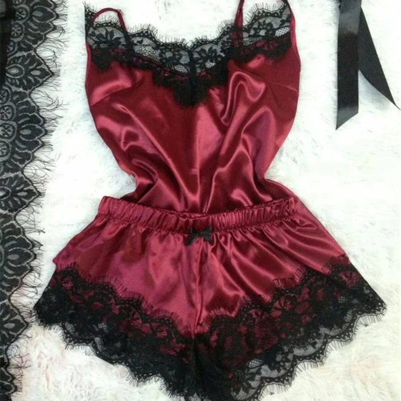 2019 женская пижама Сексуальная атласная набор Черная кружевная Пижама с