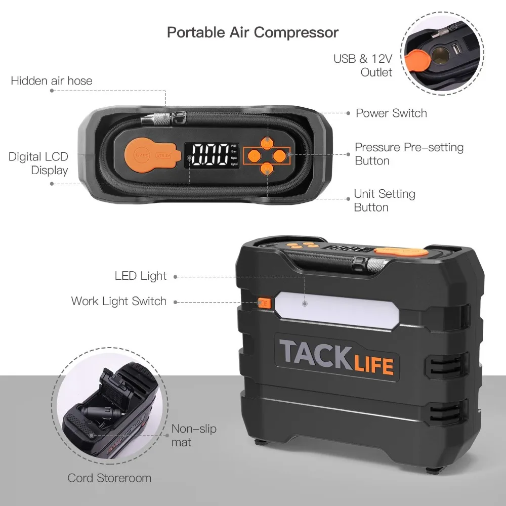 TACKLIFE ACP1B воздушный компрессор насос 12 В насос для шин цифровая насадка на колесо адаптеры и дополнительный Fuse150PSI воздушный насос