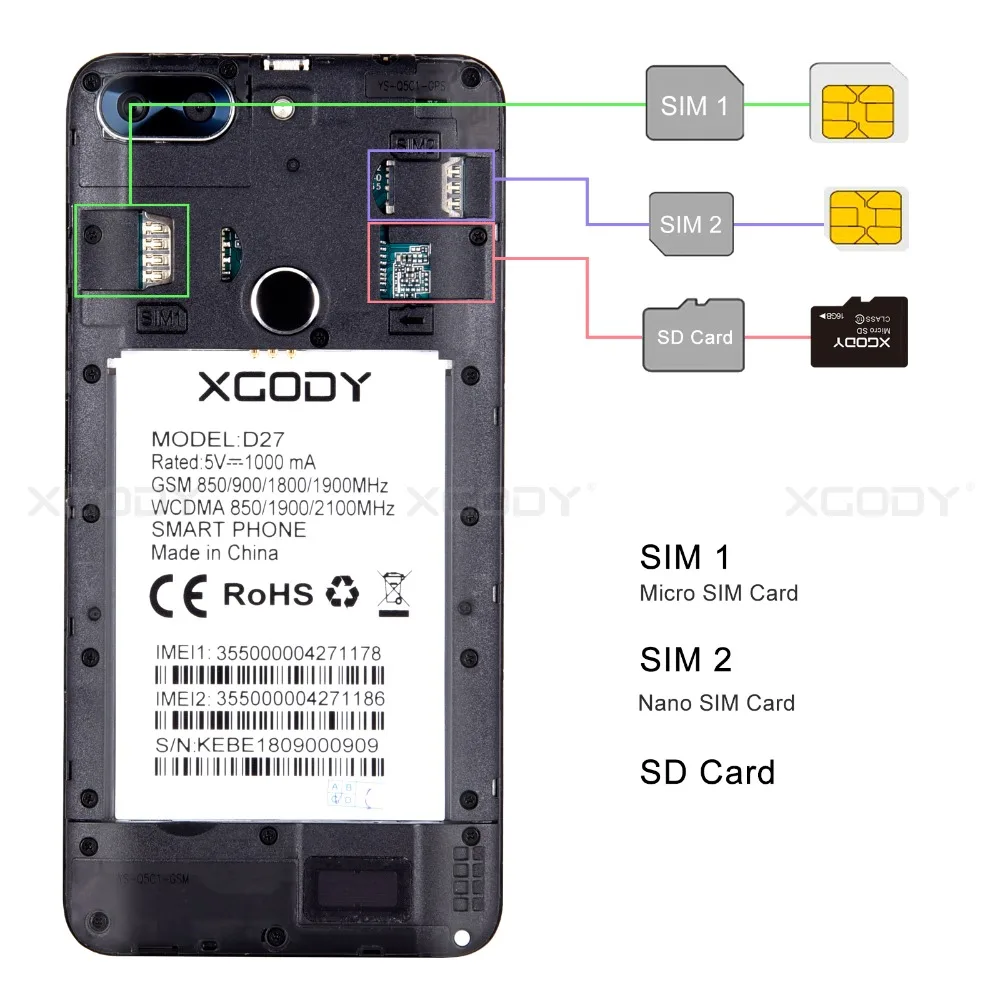 XGODY 3G Dual Sim Smartphone 5.5 Inch 18:9 Android 7.0 Full Screen Mobile Phone Quad Core 1G+8G 5MP Camera 2500mAh Cellphone D27 | Мобильные