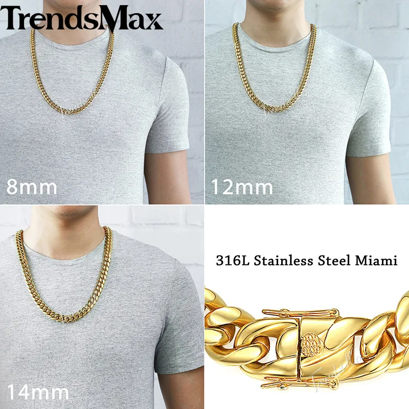 Trendsmax Майами Снаряженная Кубинский Мужская Цепочки и ожерелья цепи 316L Нержавеющая сталь в стиле «хип-хоп» цвет серебристый, Золотой Цвет 8/12/14 мм KHNM19