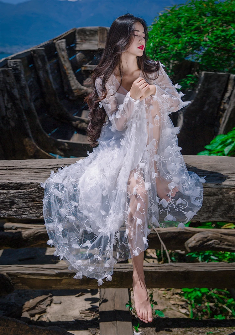 Женское кружевное платье на лето 2019 белое с 3D перьями заказ для отпуска OWD193002 |