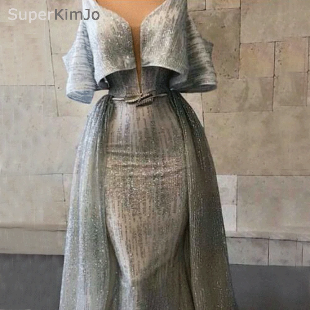 

SuperKimJo Vestidos De Noche Silver Prom Dresses with Detachable Skirt Sparkly Elegant Cheap Prom Gowns Robe De Bal