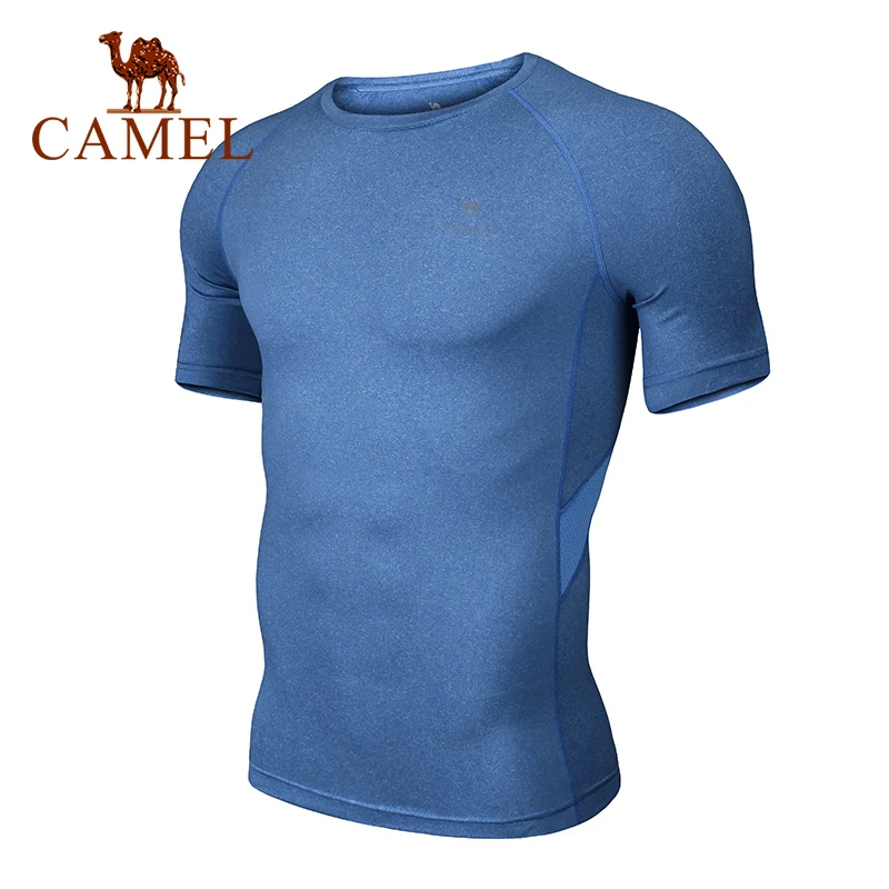 CAMEL Gym T-Shirts Dry Fit Men Sports Fitness Training Outdoor Workout Short Sleeve High Elastic Crossfit Tops Tights - Цвет: 126 Deep Blue
