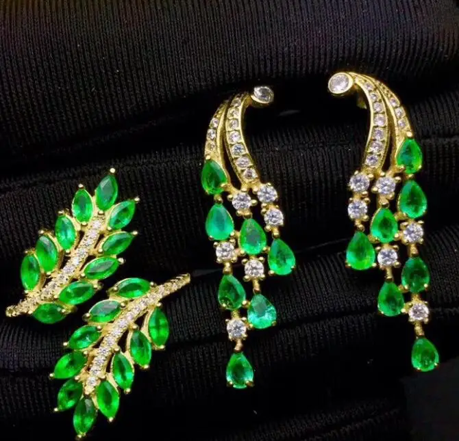 1 set KJJEAXCMY Fine Jewelry 925 с инкрустацией, из чистого серебра натуральный изумруд женские серьги кольцо набор из 2 комплектов для поддержки обнаружения - Цвет камня: 1 set