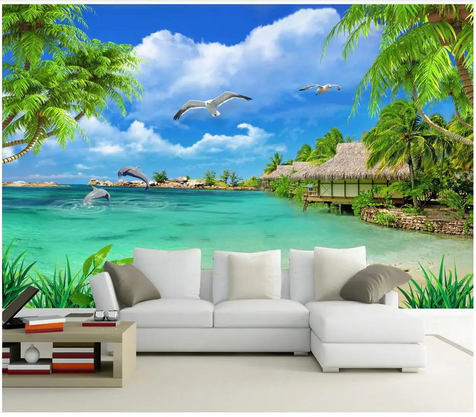Custom 3d photo Wallpaper murals Mediterranean HD tree seaside landscape mural background wall decorative painting living room |