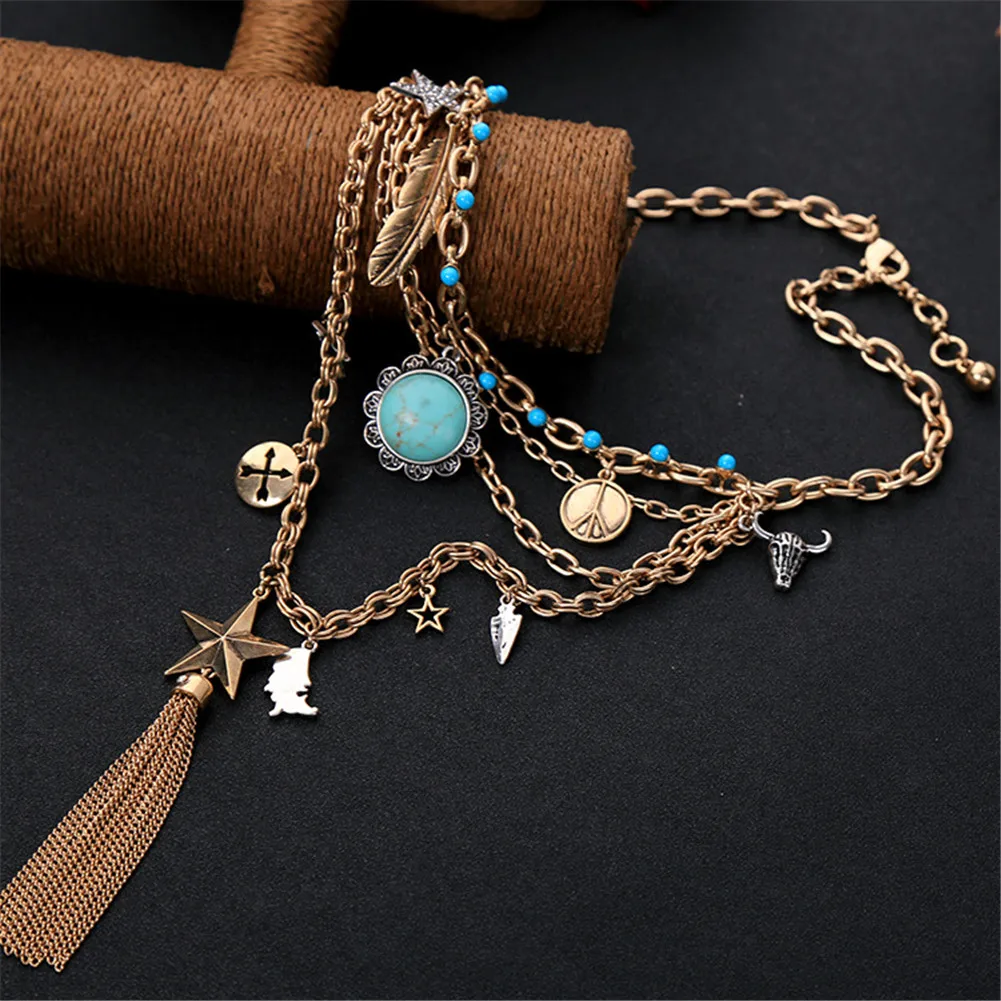 Винтажное многослойное ожерелье Lureme Boho с синим камнем цветком кисточкой