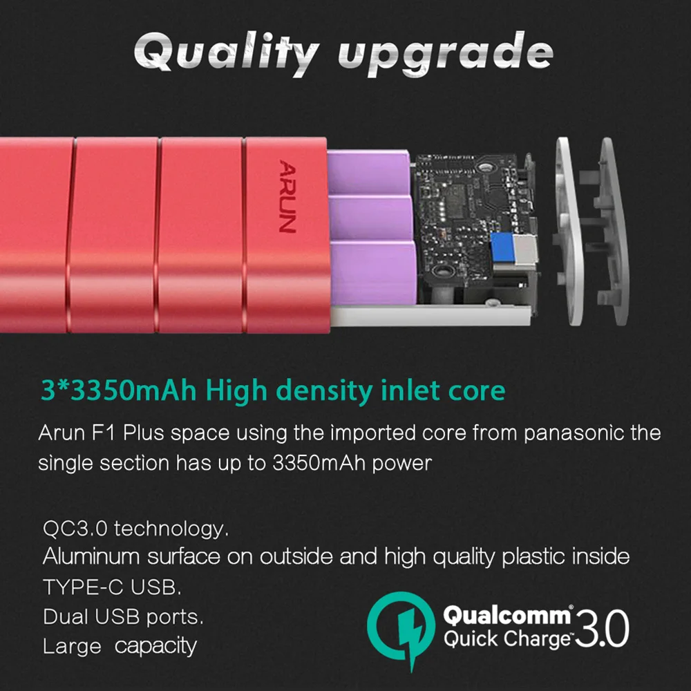 ARUN 10000 мАч Зарядное устройство QuickCharge 3 0 Интеллектуальный внешний аккумулятор type c