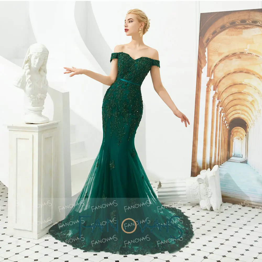 Anova элегантный с плеча кружева зеленый Русалка вечерние платья 2019 Vestido de Fiesta