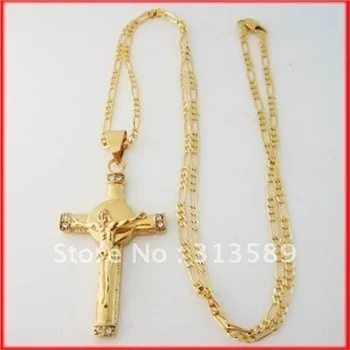 Foromans/Новинка цепочка плетения Фигаро и кулон с надписью JESUS CROSS GOD из желтого